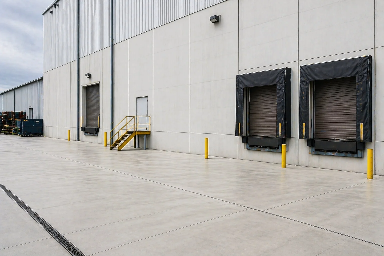 South Florida industrial building facade with restored concrete surface after pressure cleaning service