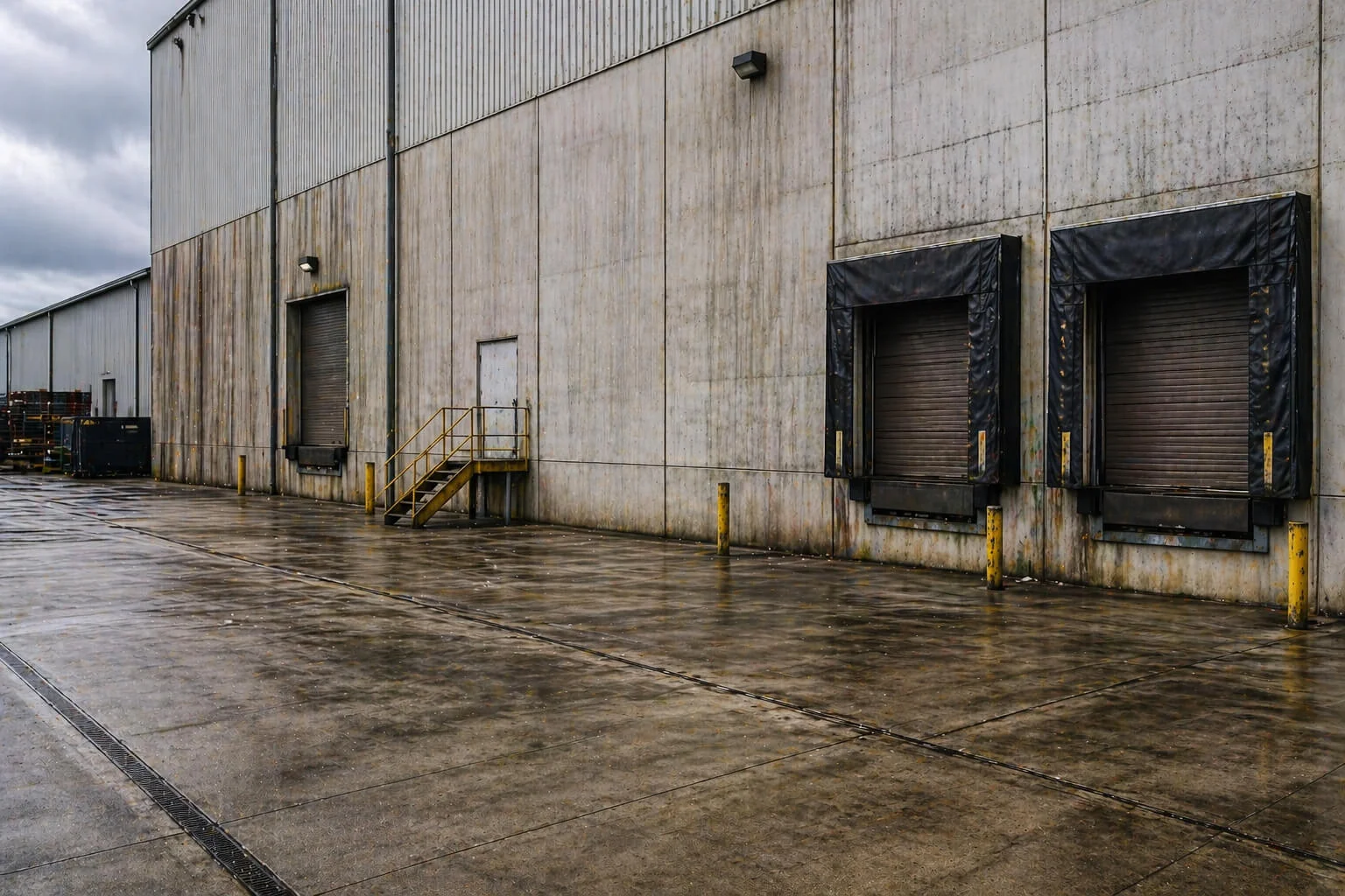 South Florida industrial building facade with stained concrete surface before pressure cleaning service