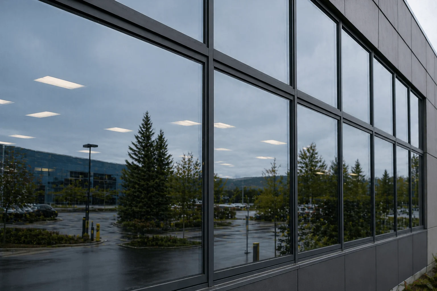 South Florida commercial office building with clean reflective windows after window cleaning service